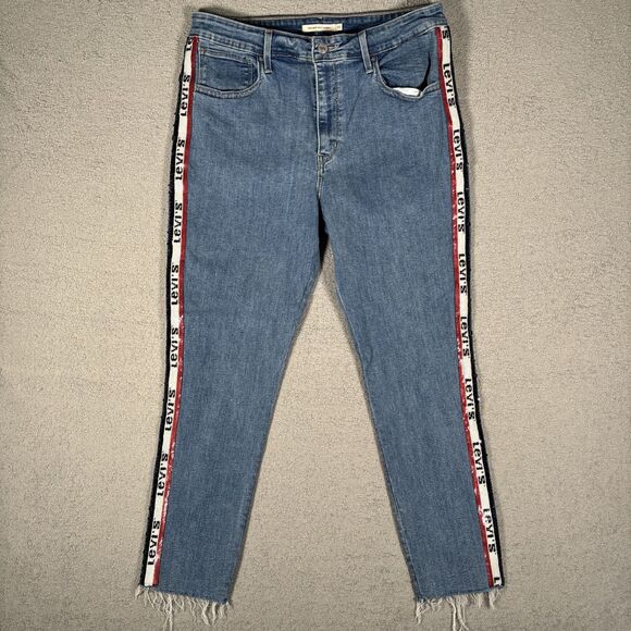 Levi's 721 Premium High Rise Denim Jean Skinny Sz 33 Sequin Logo Stripes Raw Hem - Picture 1 of 16